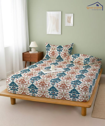 Sage Floral Vine – 130 GSM Cotton Fitted Bedsheet With Pillow Cover
