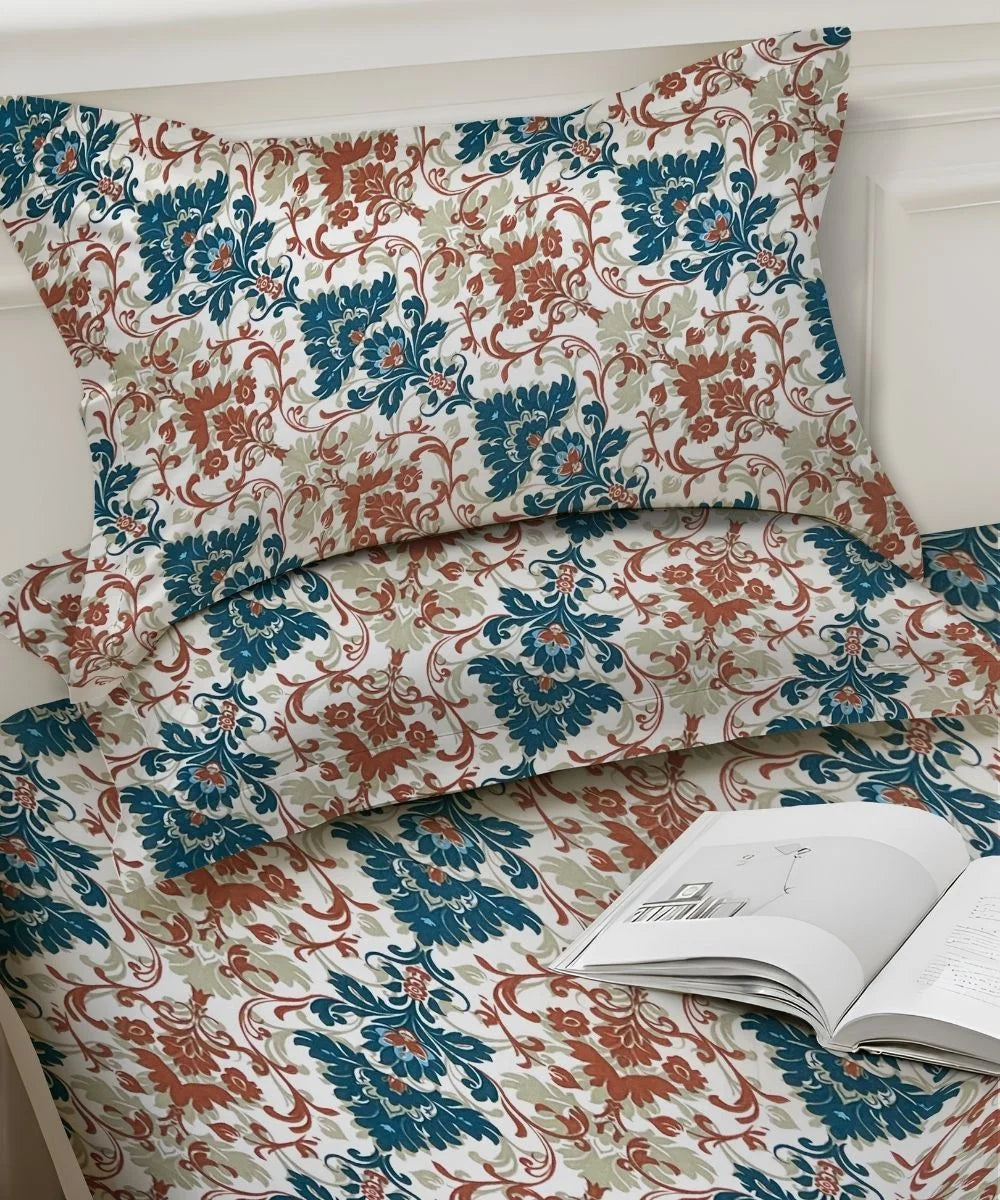 Sage Floral Vine Cotton Double Bedsheet with Pillow Covers