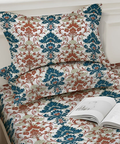 Sage Floral Vine – 130 GSM Cotton Fitted Bedsheet With Pillow Cover