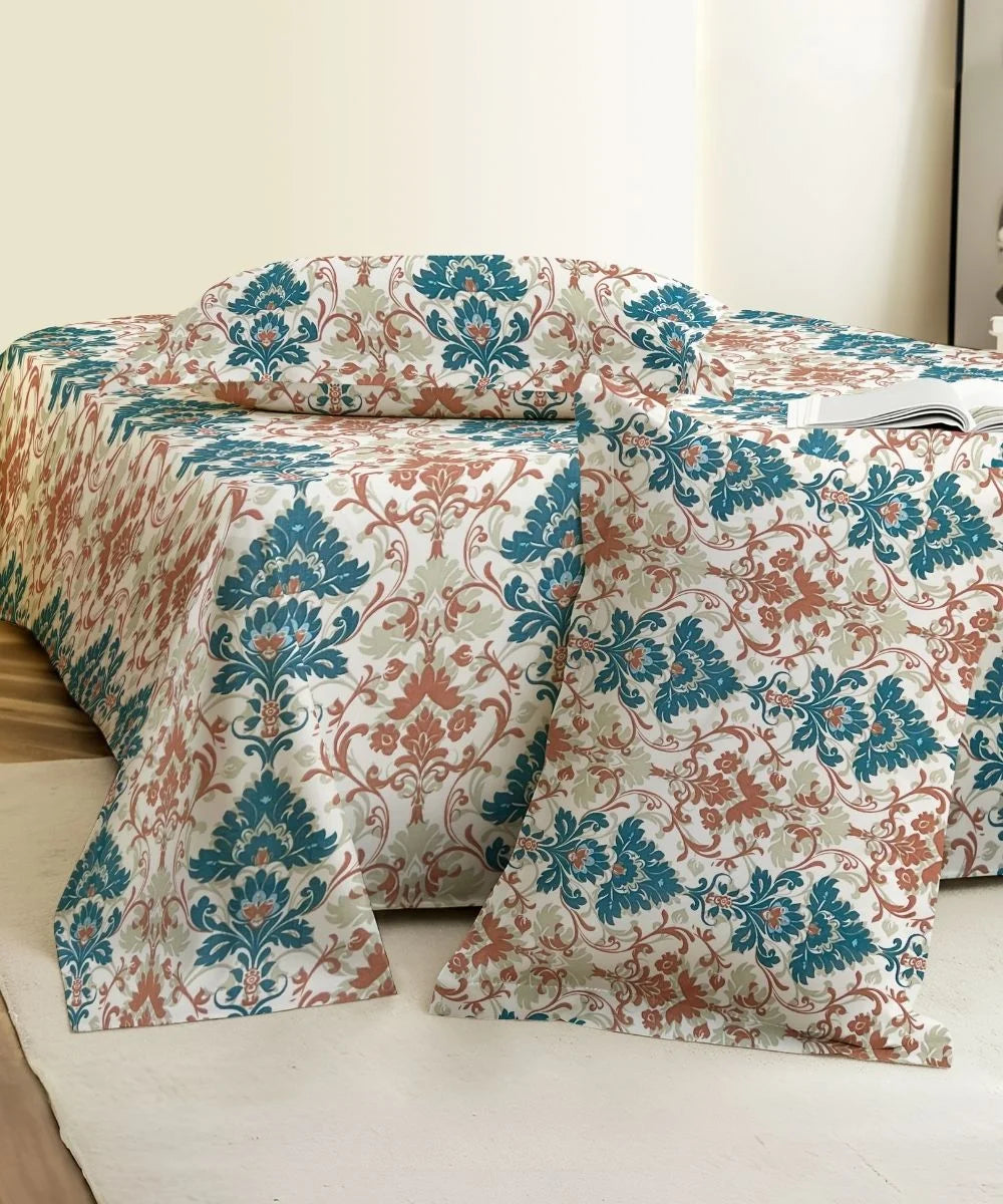 Sage Floral Vine Cotton Double Bedsheet with Pillow Covers