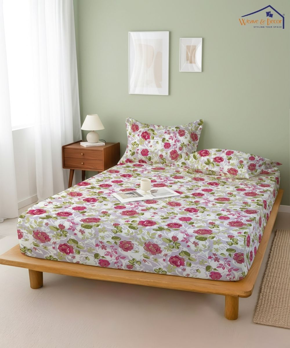 Blush Garden Floral  – 130 GSM Cotton Fitted Bedsheet With Pillow Cover