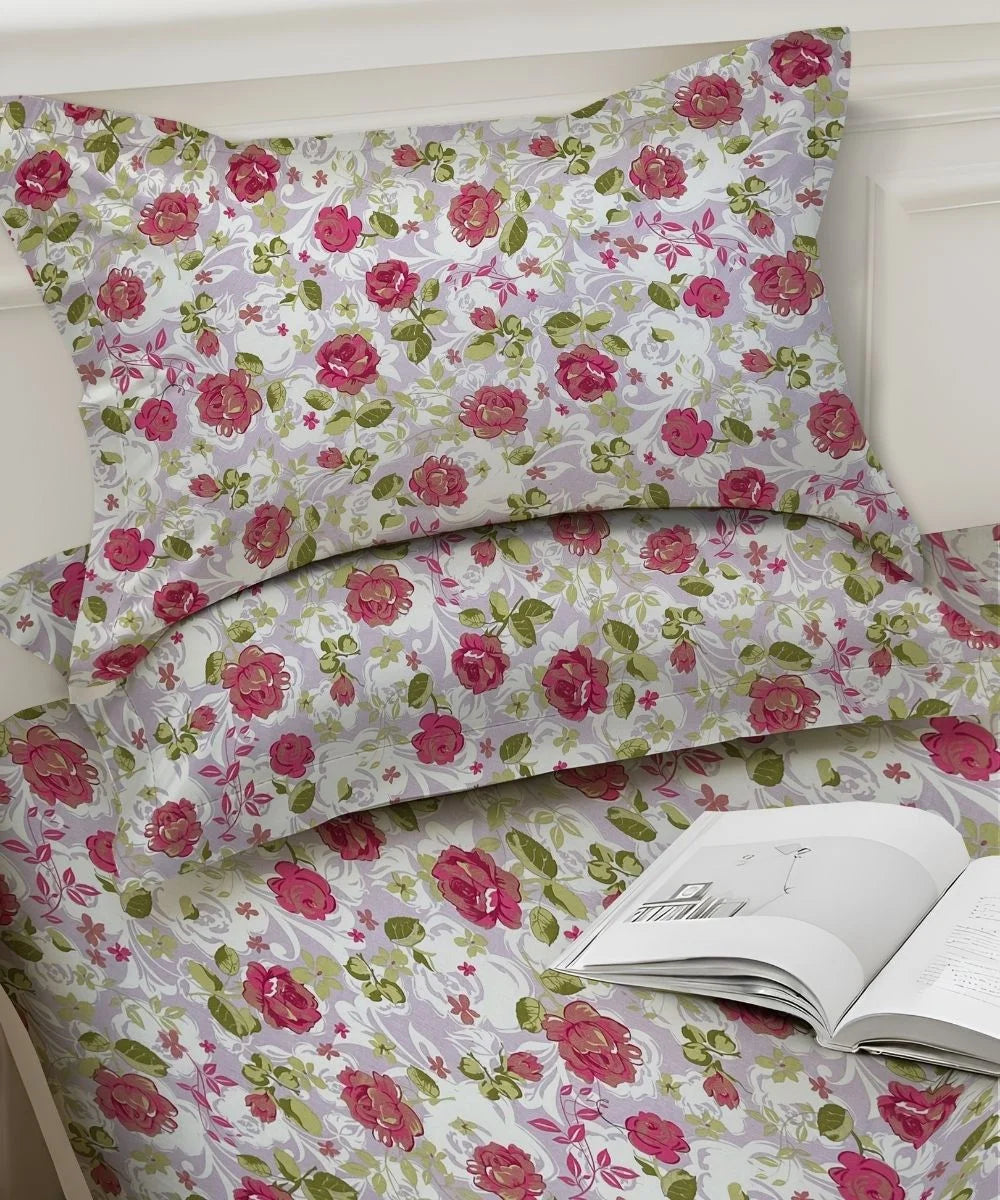 Blush Garden Floral Cotton Double Bedsheet with Pillow Covers