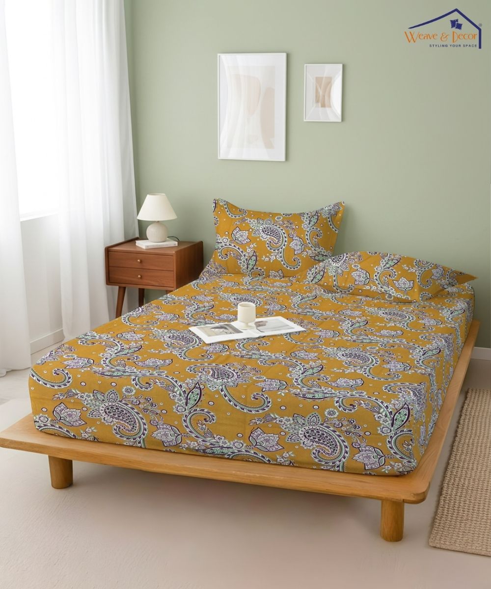Mustard Paisley Bloom – 130 GSM Cotton Fitted Bedsheet With Pillow Cover