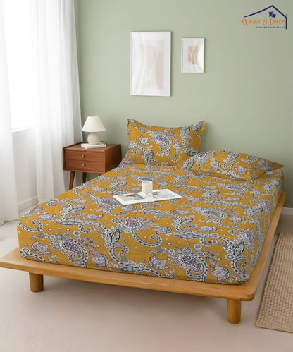Mustard Paisley Bloom – 130 GSM Cotton Fitted Bedsheet With Pillow Cover