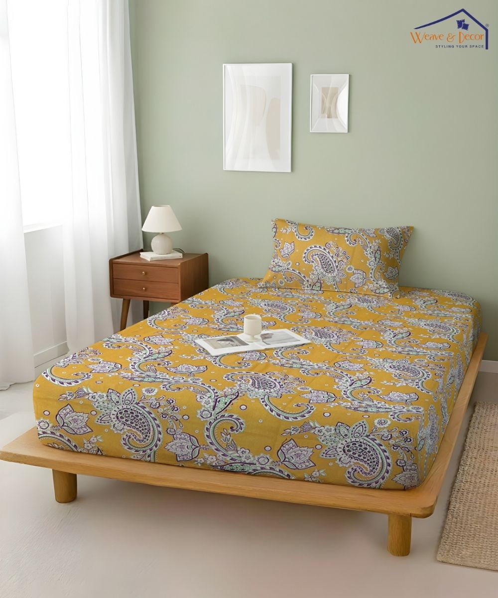 Mustard Paisley Bloom – 130 GSM Cotton Fitted Bedsheet With Pillow Cover