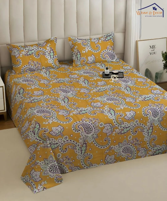 Mustard Paisley Bloom Cotton Double Bedsheet with Pillow Covers