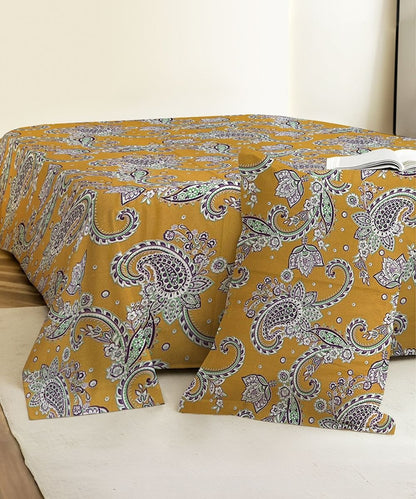 Mustard Paisley Bloom Cotton Single Bedsheet With 1 Pillow Cover