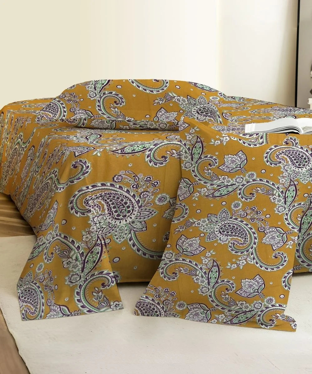 Mustard Paisley Bloom Cotton Double Bedsheet with Pillow Covers