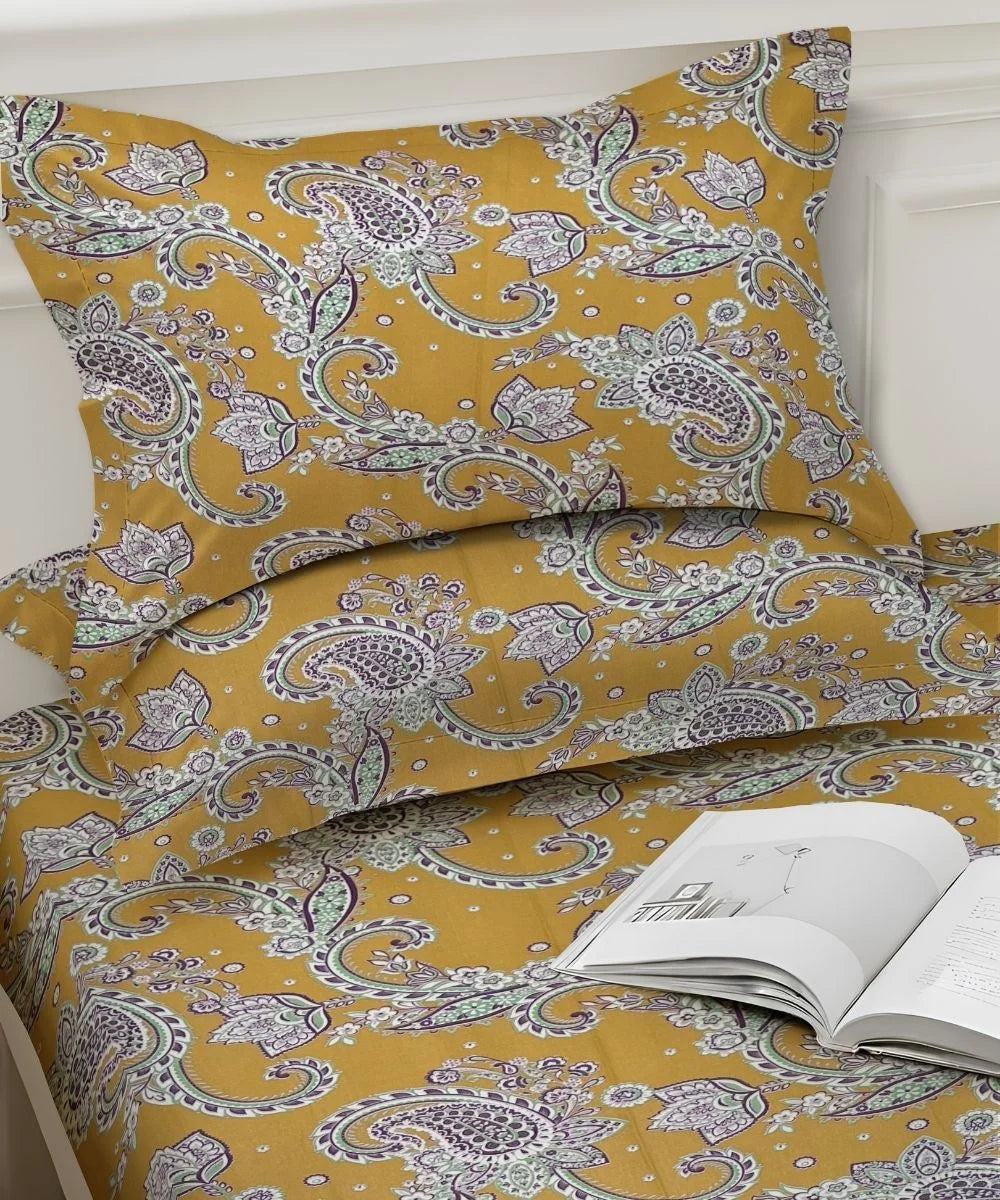 Mustard Paisley Bloom Cotton Double Bedsheet with Pillow Covers