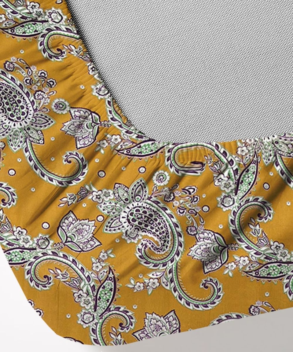 Mustard Paisley Bloom – 130 GSM Cotton Fitted Bedsheet With Pillow Cover
