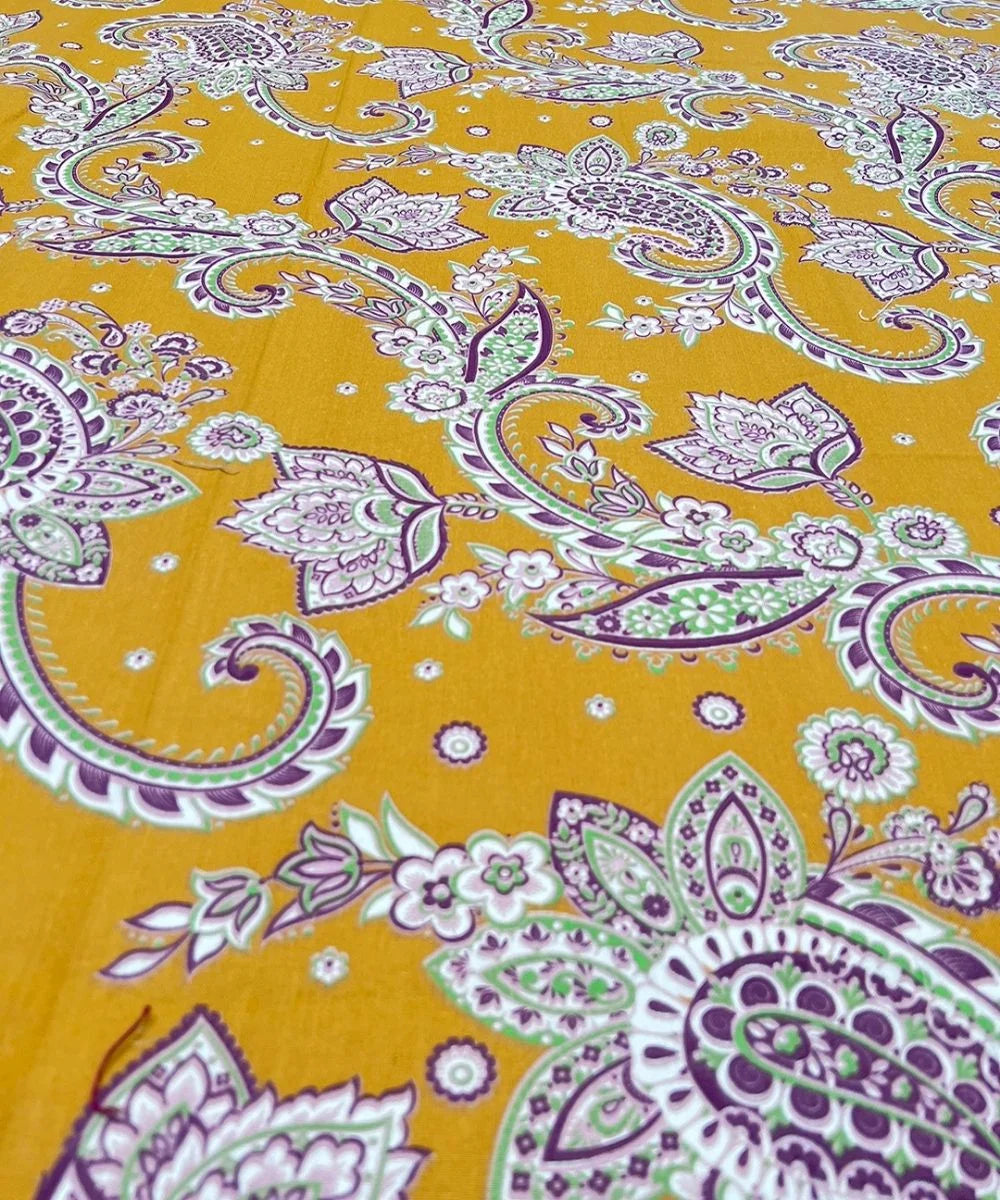 Mustard Paisley Bloom Cotton Double Bedsheet with Pillow Covers