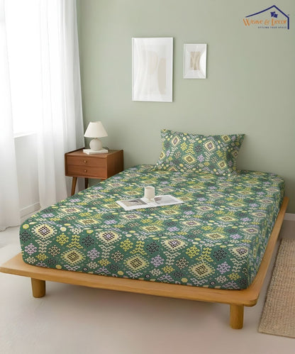 Teal Nordic Geometric  – 130 GSM Cotton Fitted Bedsheet With Pillow Cover