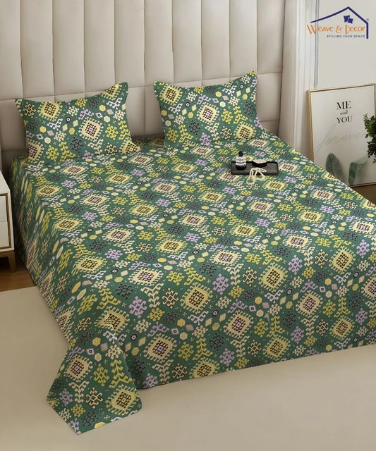 Teal Nordic Geometric Cotton Double Bedsheet with Pillow Covers