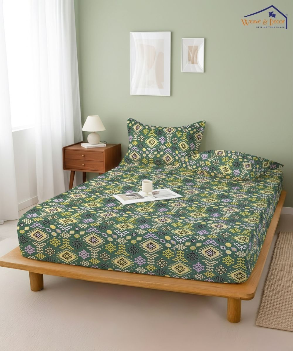 Teal Nordic Geometric  – 130 GSM Cotton Fitted Bedsheet With Pillow Cover