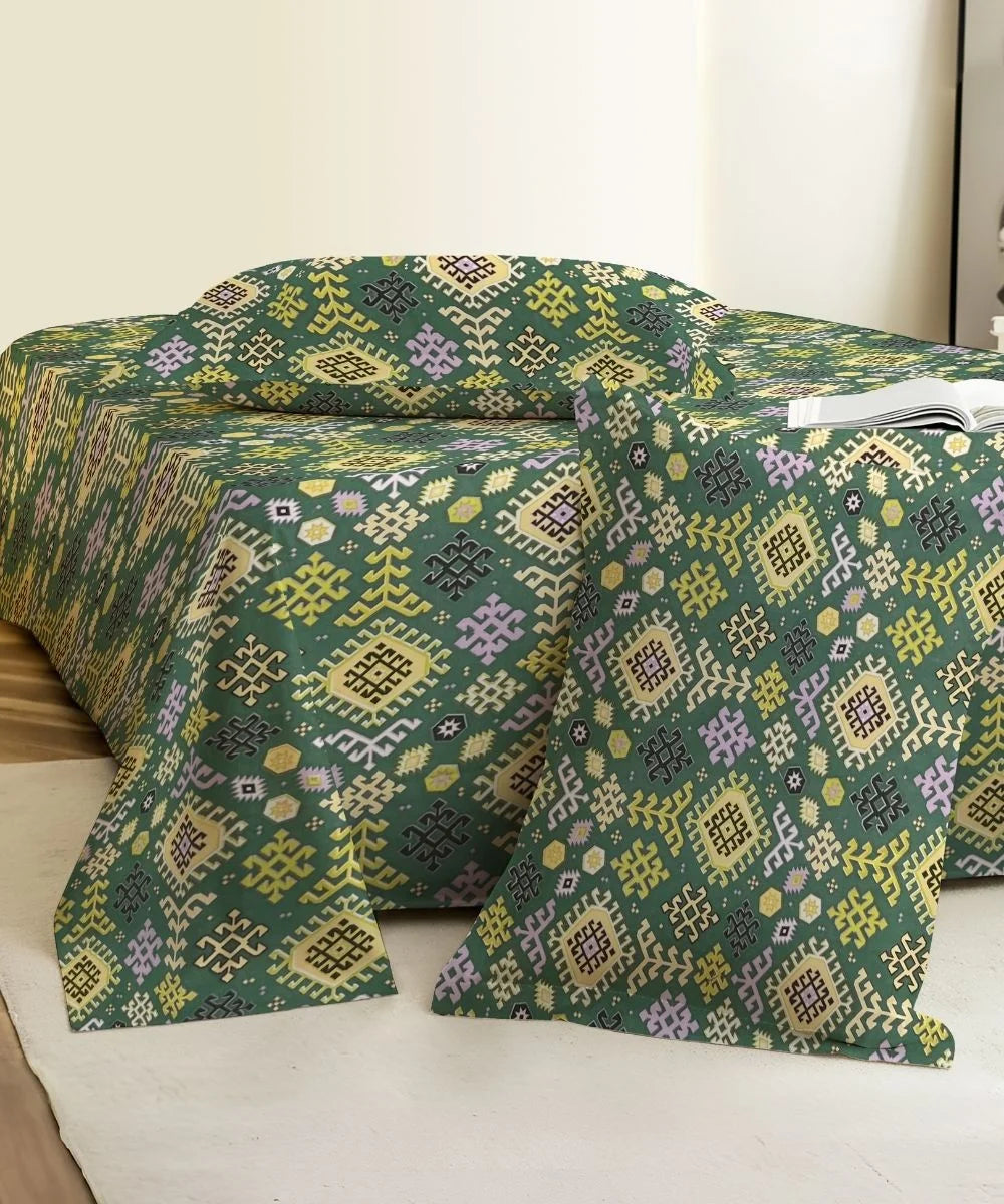 Teal Nordic Geometric Cotton Double Bedsheet with Pillow Covers