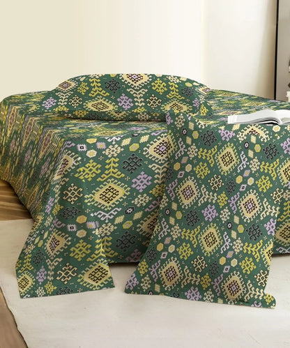 Teal Nordic Geometric Cotton Double Bedsheet with Pillow Covers