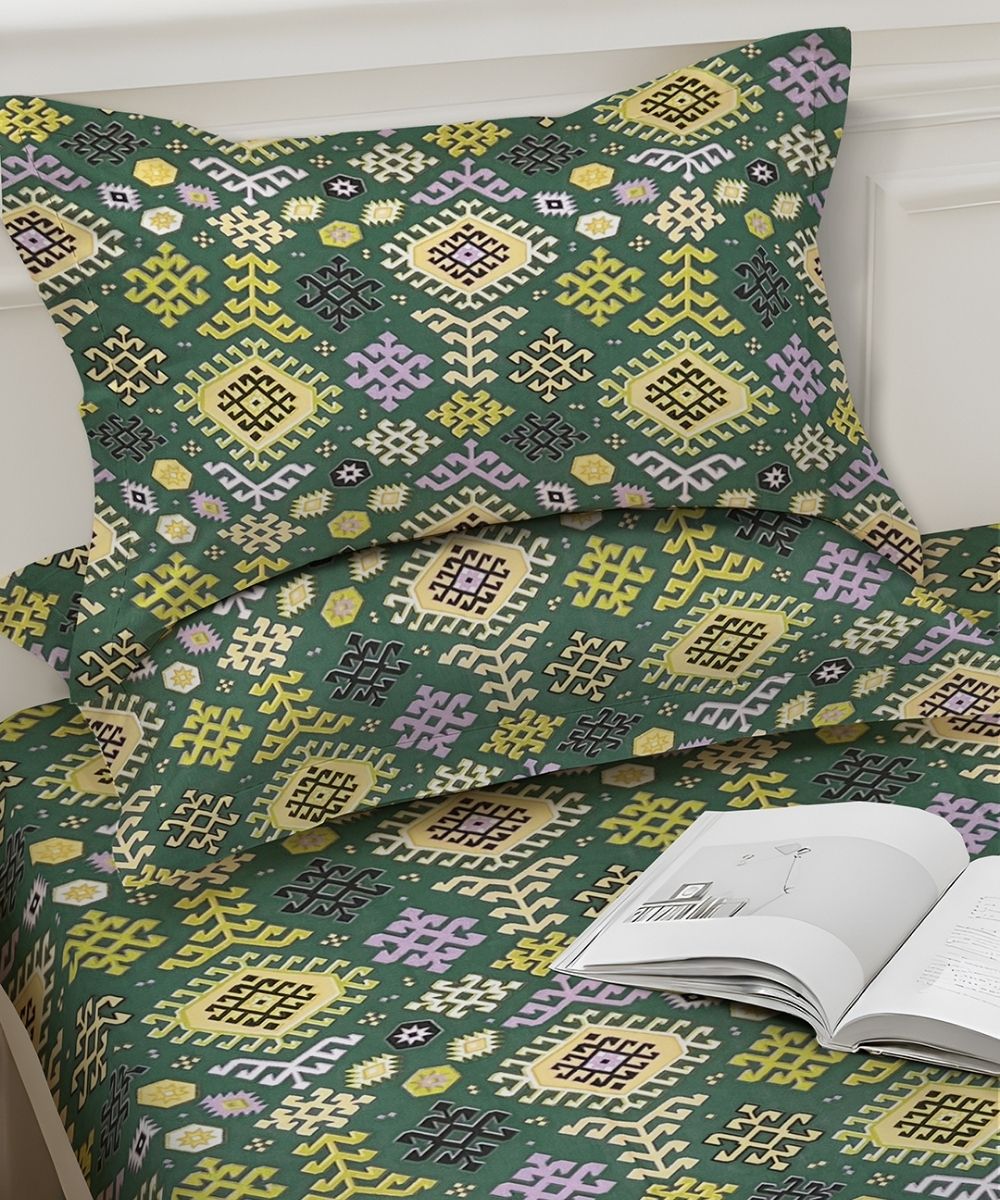 Teal Nordic Geometric  – 130 GSM Cotton Fitted Bedsheet With Pillow Cover