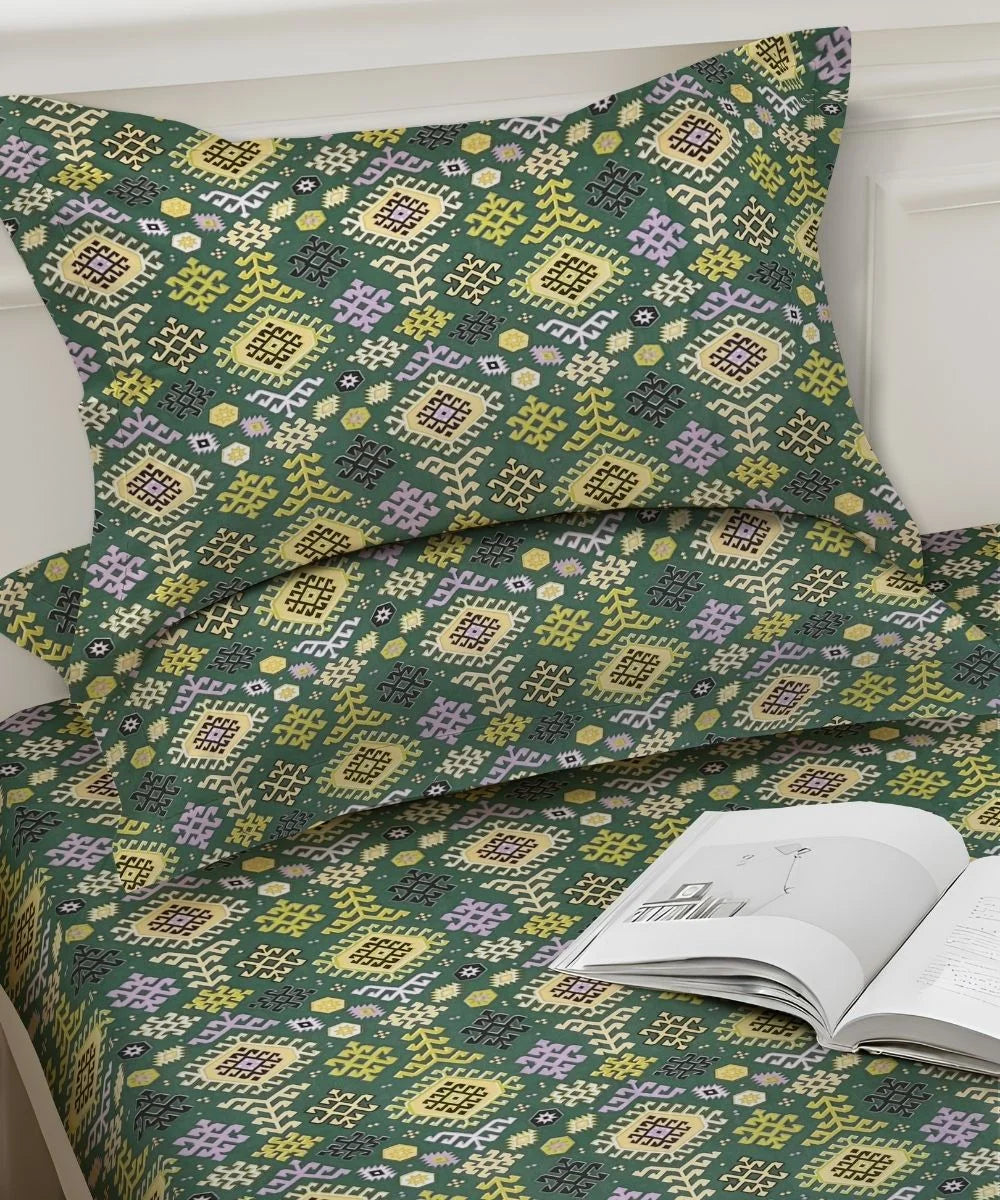 Teal Nordic Geometric Cotton Double Bedsheet with Pillow Covers