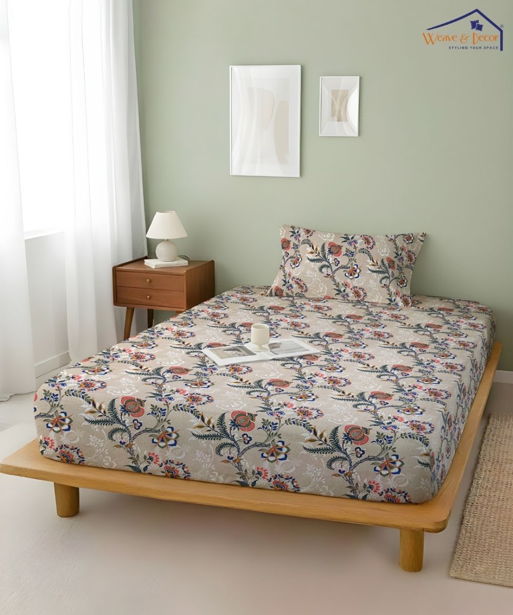 Beige Floral Trail – 130 GSM Cotton Fitted Bedsheet With Pillow Cover