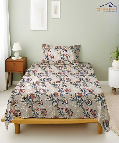 Beige Floral Trail  – 130 GSM Cotton Single Bedsheet With Pillow Cover |90x60 inches
