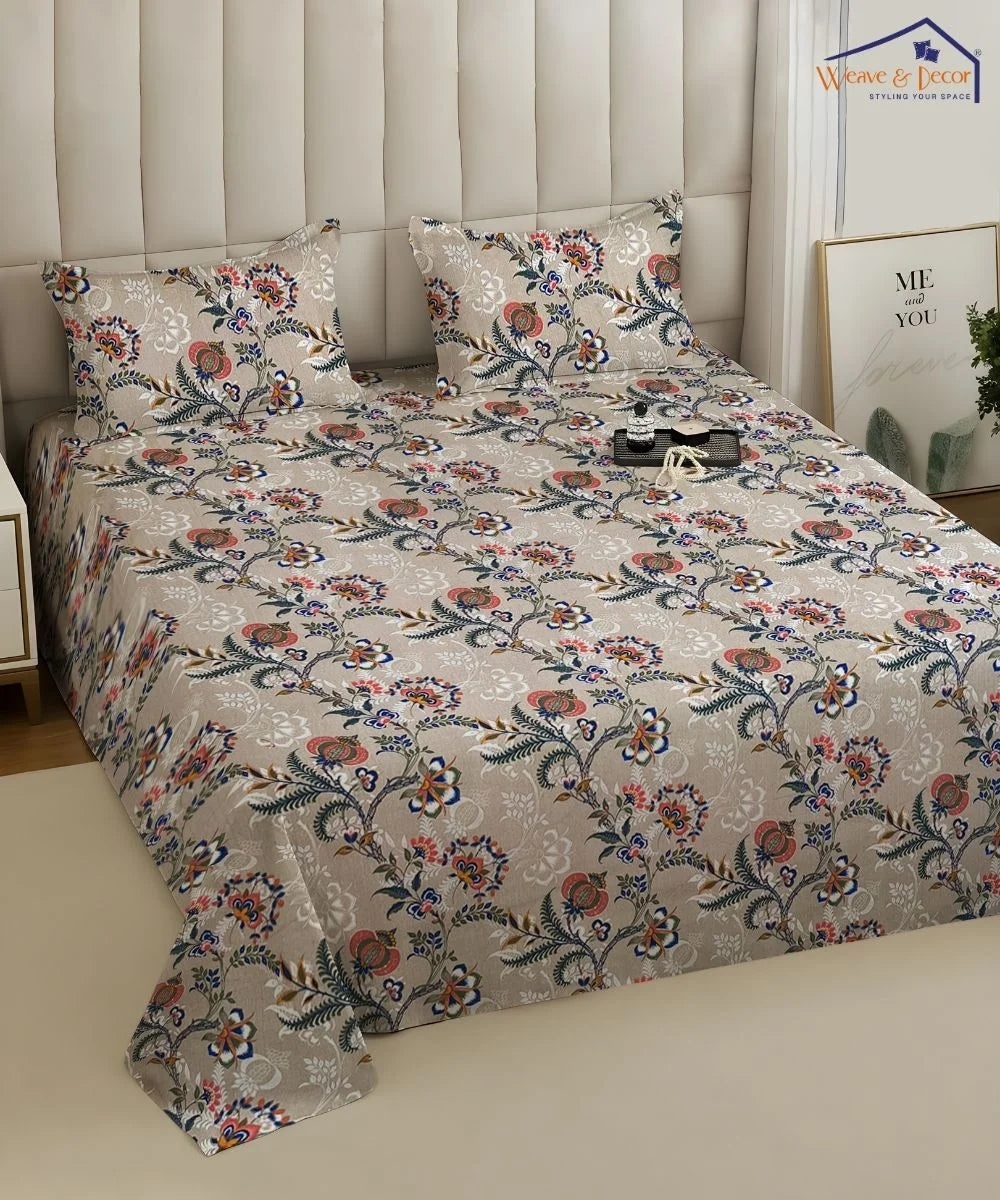 Beige Floral Trail Cotton Double Bedsheet with Pillow Covers