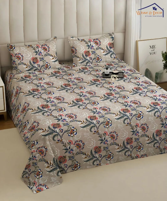 Beige Floral Trail Cotton Double Bedsheet with Pillow Covers