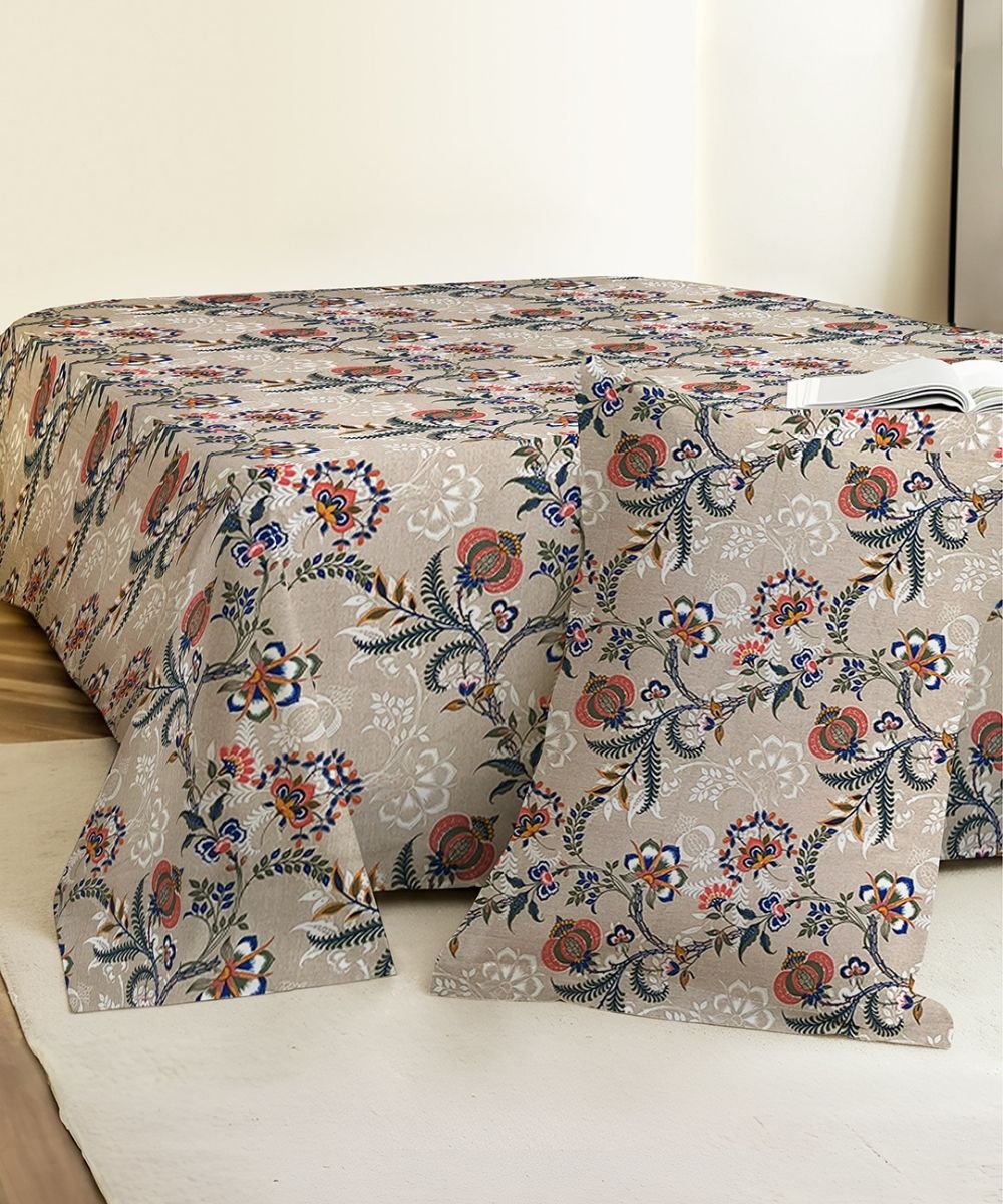 Beige Floral Trail  – 130 GSM Cotton Single Bedsheet With Pillow Cover |90x60 inches