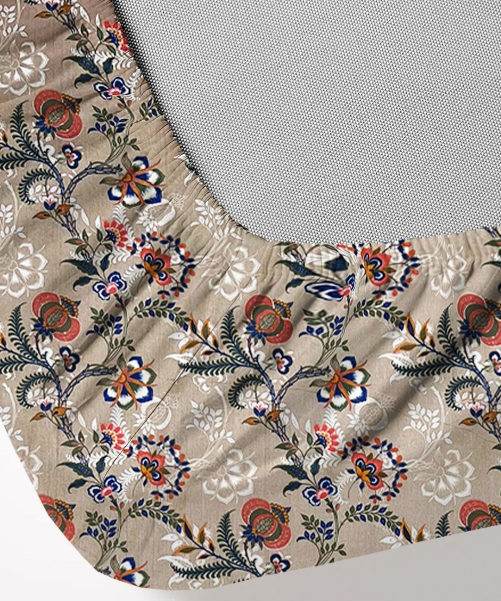 Beige Floral Trail – 130 GSM Cotton Fitted Bedsheet With Pillow Cover