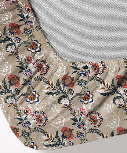 Beige Floral Trail – 130 GSM Cotton Fitted Bedsheet With Pillow Cover