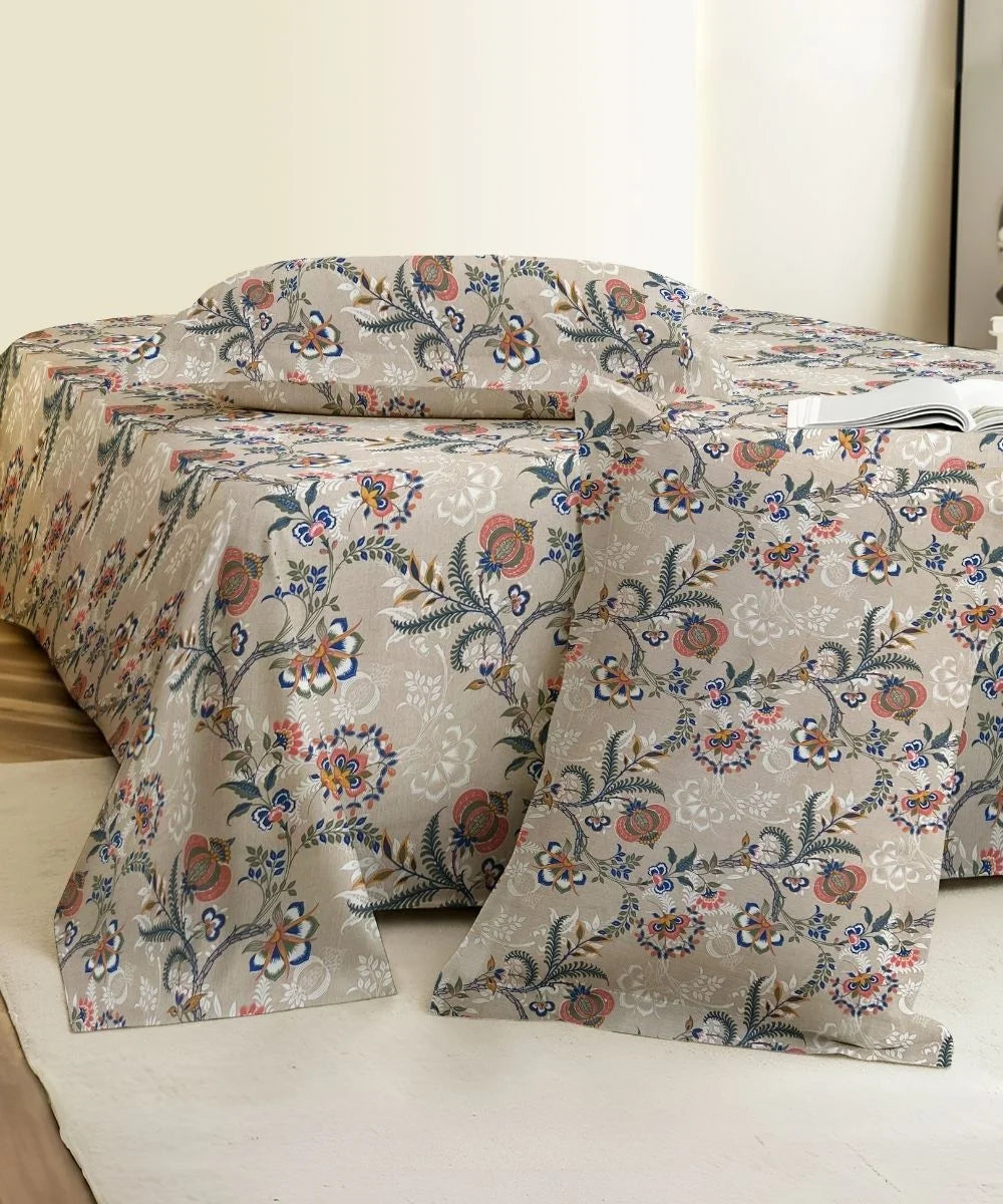 Beige Floral Trail Cotton Double Bedsheet with Pillow Covers