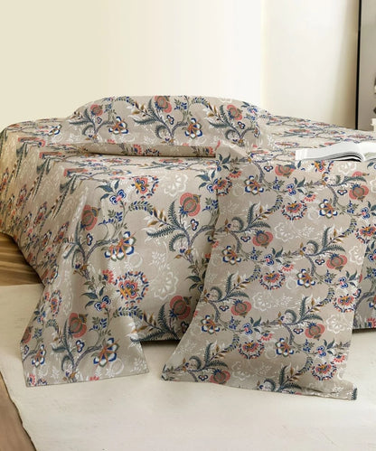 Beige Floral Trail Cotton Double Bedsheet with Pillow Covers