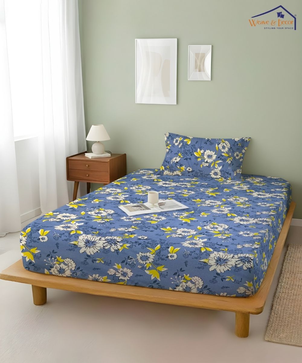 Sky Bloom Floral – 130 GSM Cotton Fitted Bedsheet With Pillow Cover