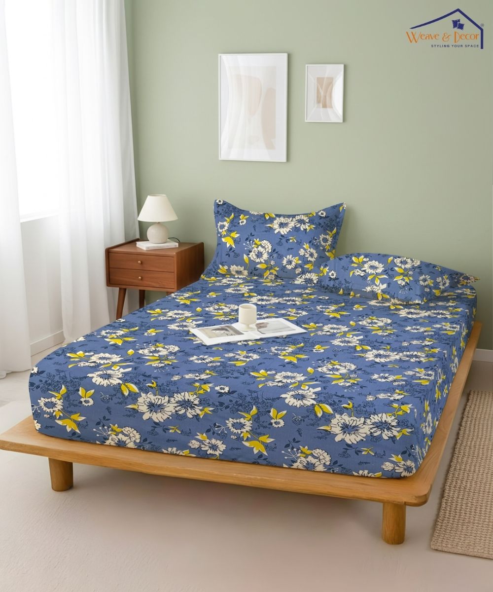 Sky Bloom Floral – 130 GSM Cotton Fitted Bedsheet With Pillow Cover