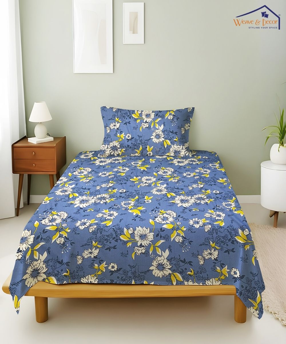 Sky Bloom Floral  – 130 GSM Cotton Single Bedsheet With Pillow Cover |90x60 inches