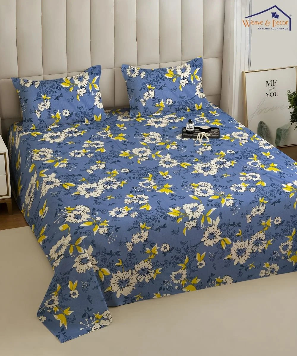 Sky Bloom Floral Cotton Double Bedsheet with Pillow Covers