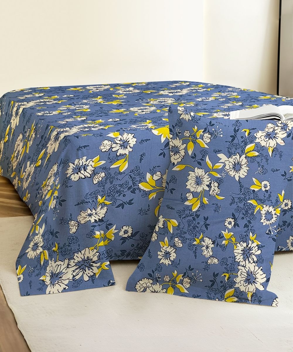 Sky Bloom Floral  – 130 GSM Cotton Single Bedsheet With Pillow Cover |90x60 inches