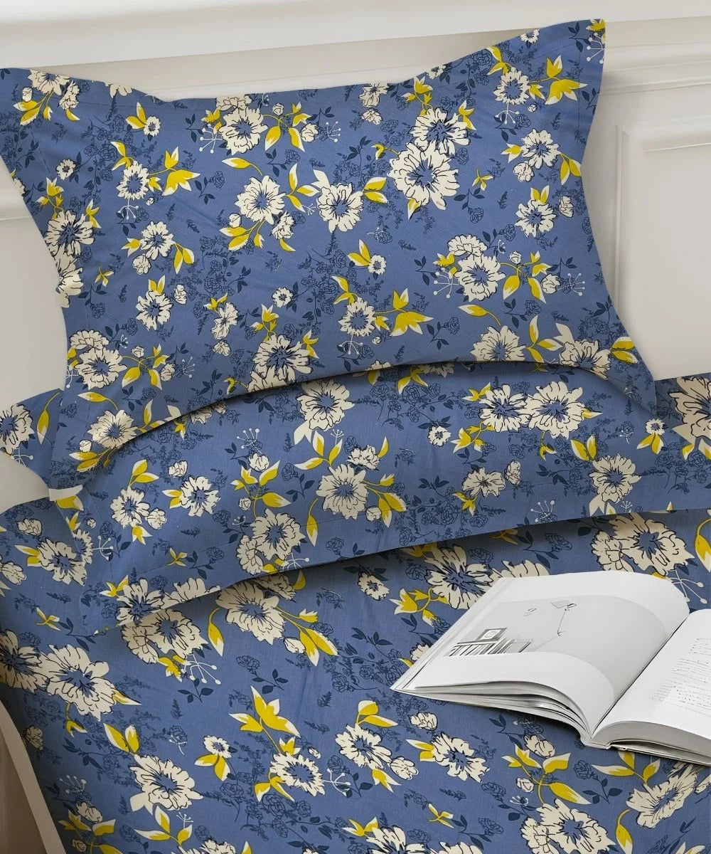Sky Bloom Floral Cotton Double Bedsheet with Pillow Covers