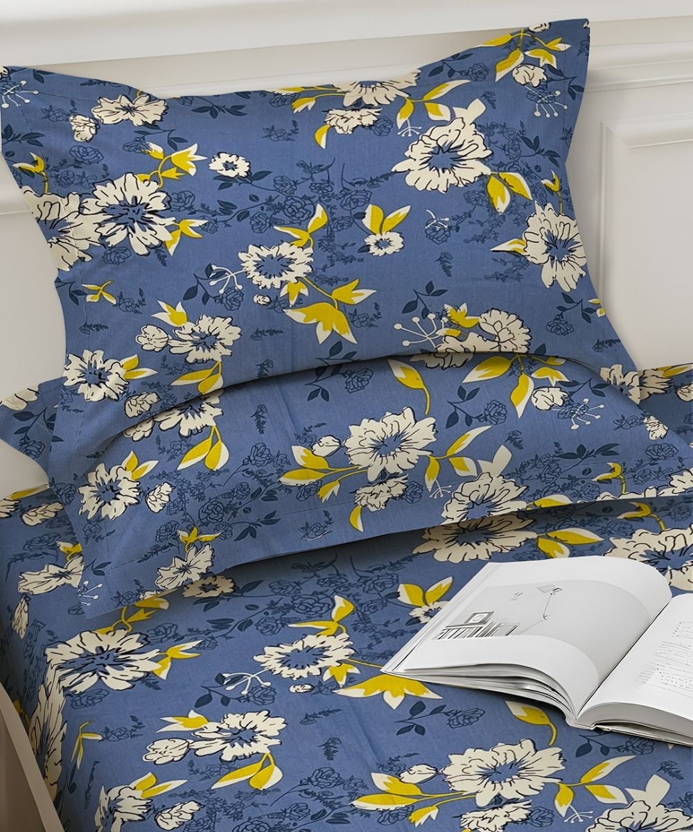 Sky Bloom Floral – 130 GSM Cotton Fitted Bedsheet With Pillow Cover