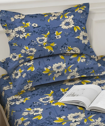 Sky Bloom Floral – 130 GSM Cotton Fitted Bedsheet With Pillow Cover