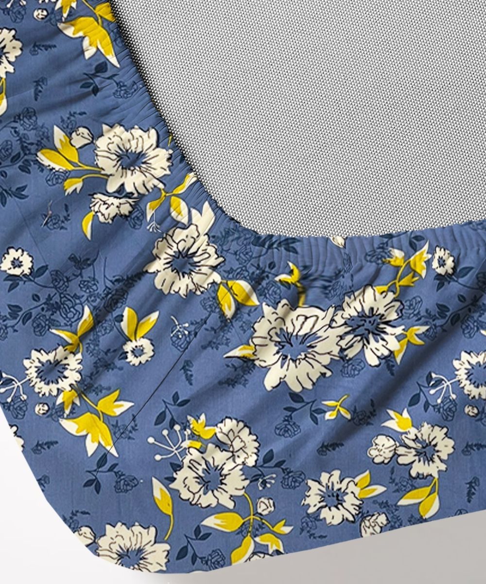 Sky Bloom Floral – 130 GSM Cotton Fitted Bedsheet With Pillow Cover