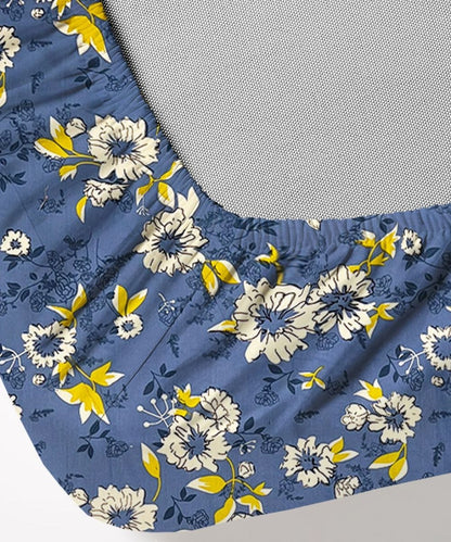 Sky Bloom Floral – 130 GSM Cotton Fitted Bedsheet With Pillow Cover