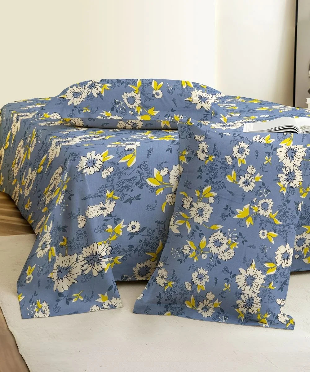 Sky Bloom Floral Cotton Double Bedsheet with Pillow Covers