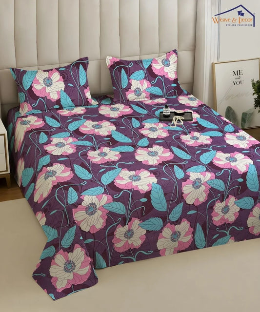 Purple Blossom Floral Cotton Double Bedsheet with Pillow Covers