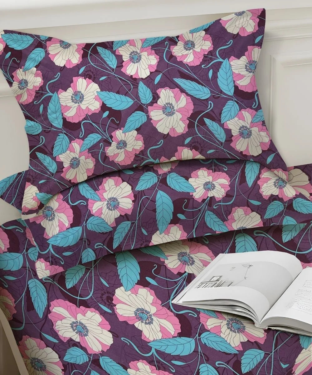 Purple Blossom Floral Cotton Double Bedsheet with Pillow Covers