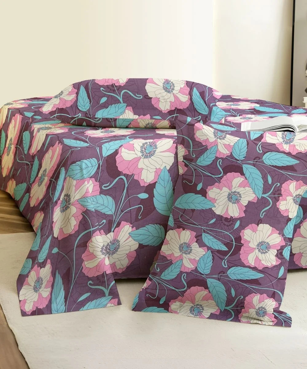 Purple Blossom Floral Cotton Double Bedsheet with Pillow Covers