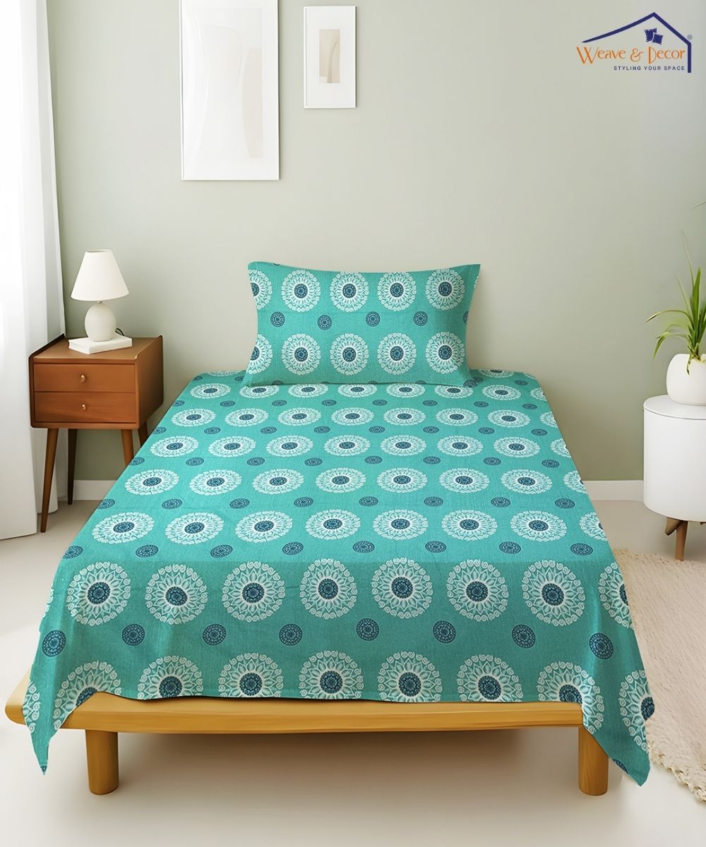 Mint Paisley Elegance  – 130 GSM Cotton Single Bedsheet With Pillow Cover |90x60 inches