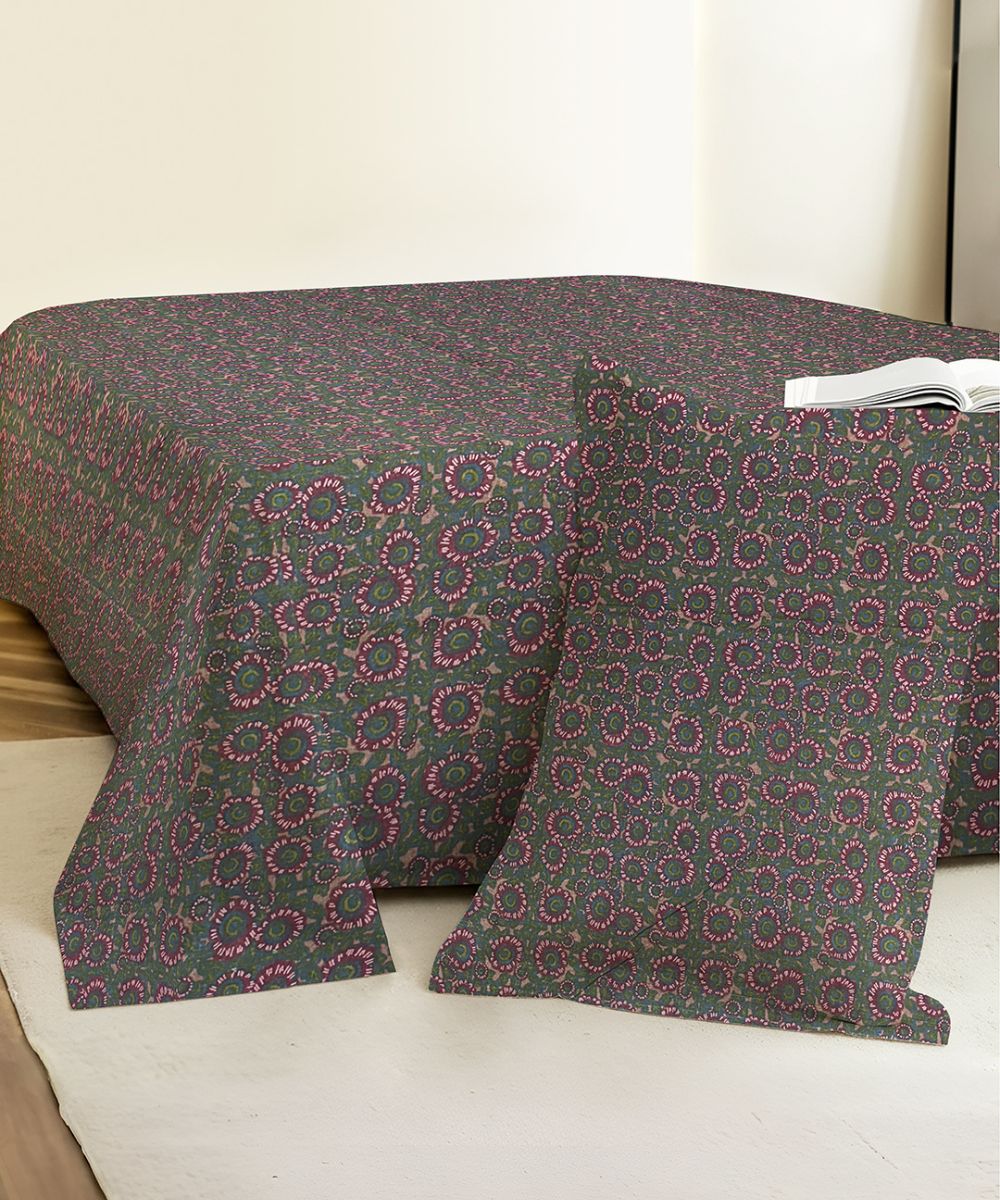 Dark Olive Paisley Elegance Cotton Single Bedsheet With 1 Pillow Cover