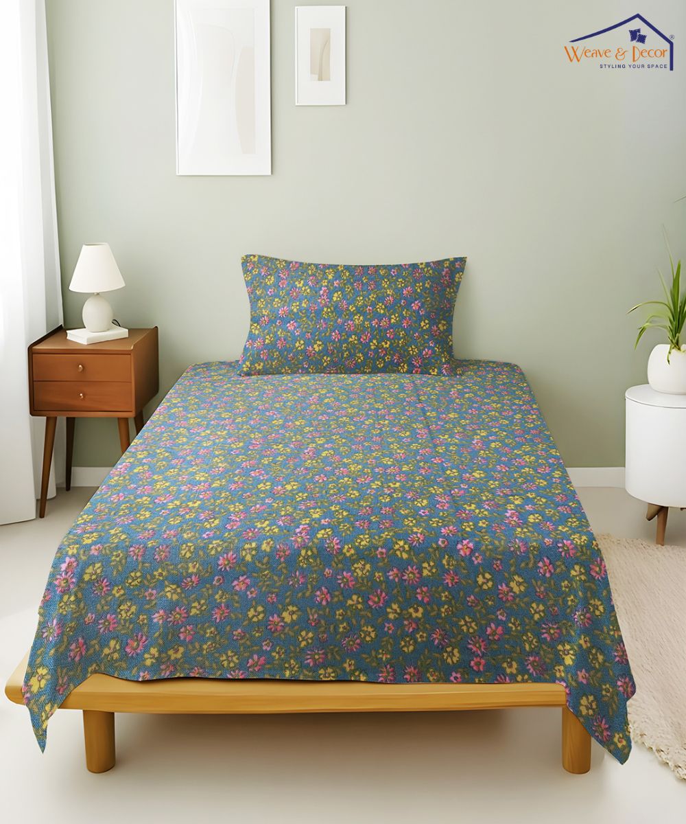 Slate Blue Tiny Floral Elegance Cotton Single Bedsheet With 1 Pillow Cover