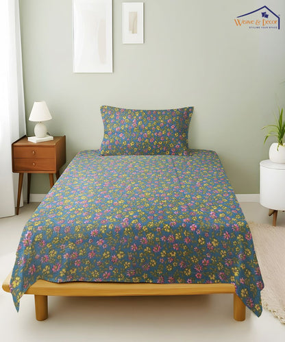 Slate Blue Tiny Floral Elegance Cotton Single Bedsheet With 1 Pillow Cover