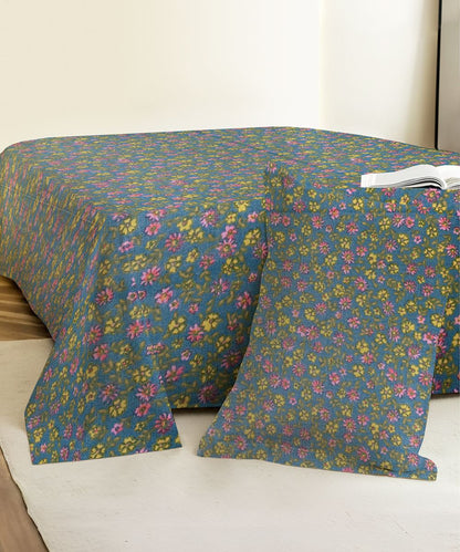 Slate Blue Tiny Floral Elegance Cotton Single Bedsheet With 1 Pillow Cover